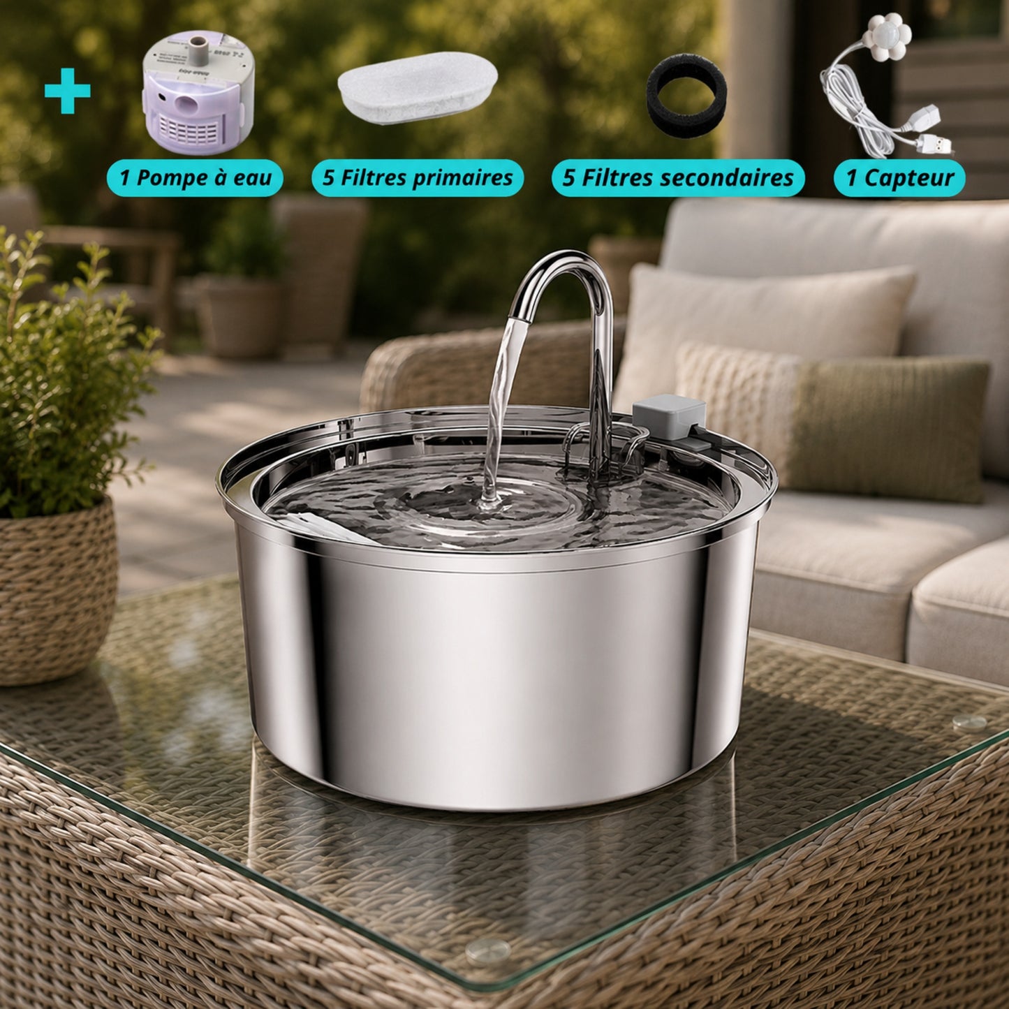 Contenu du pack économique AQUA-FLOW — pompe, filtres et capteur