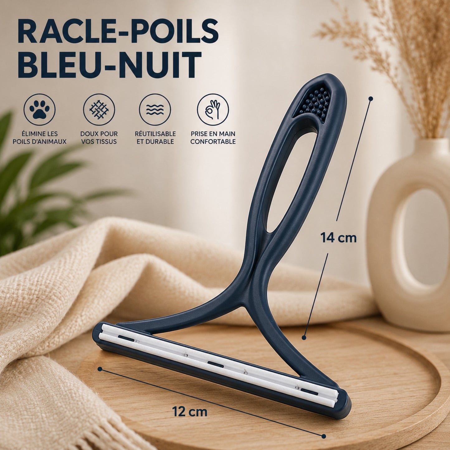 RACLE-POILS™ Bleu-nuit 14cm — brosse anti-poils réutilisable pour textiles