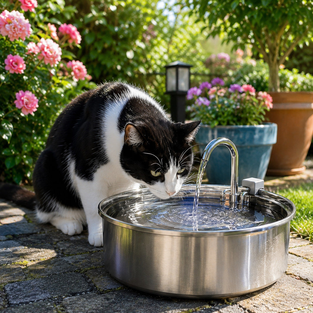 chat qui boit dans une fontaine à eau