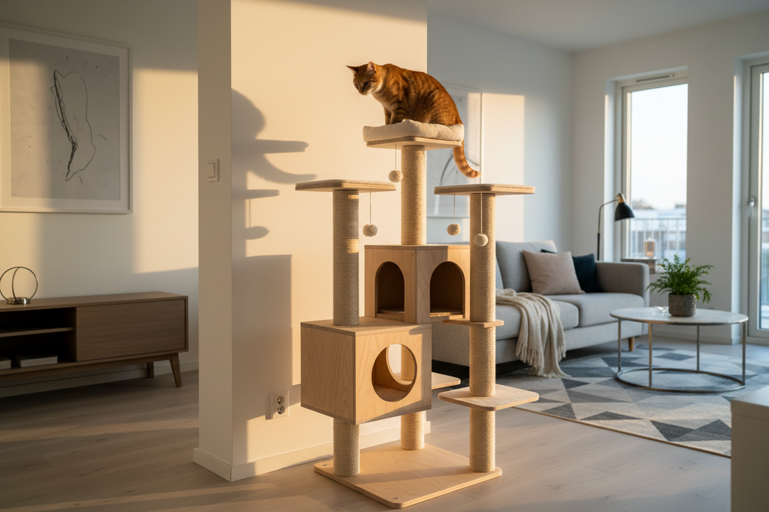 Chat grimpant sur un arbre à chat