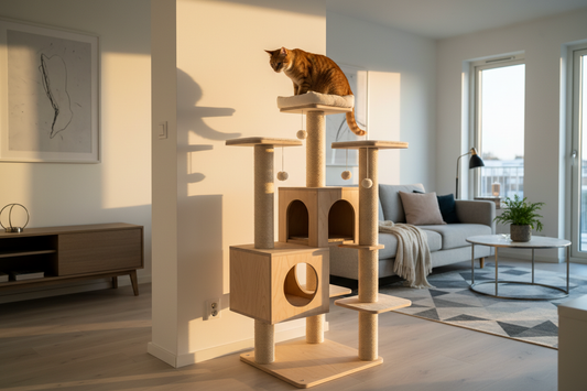Chat grimpant sur un arbre à chat
