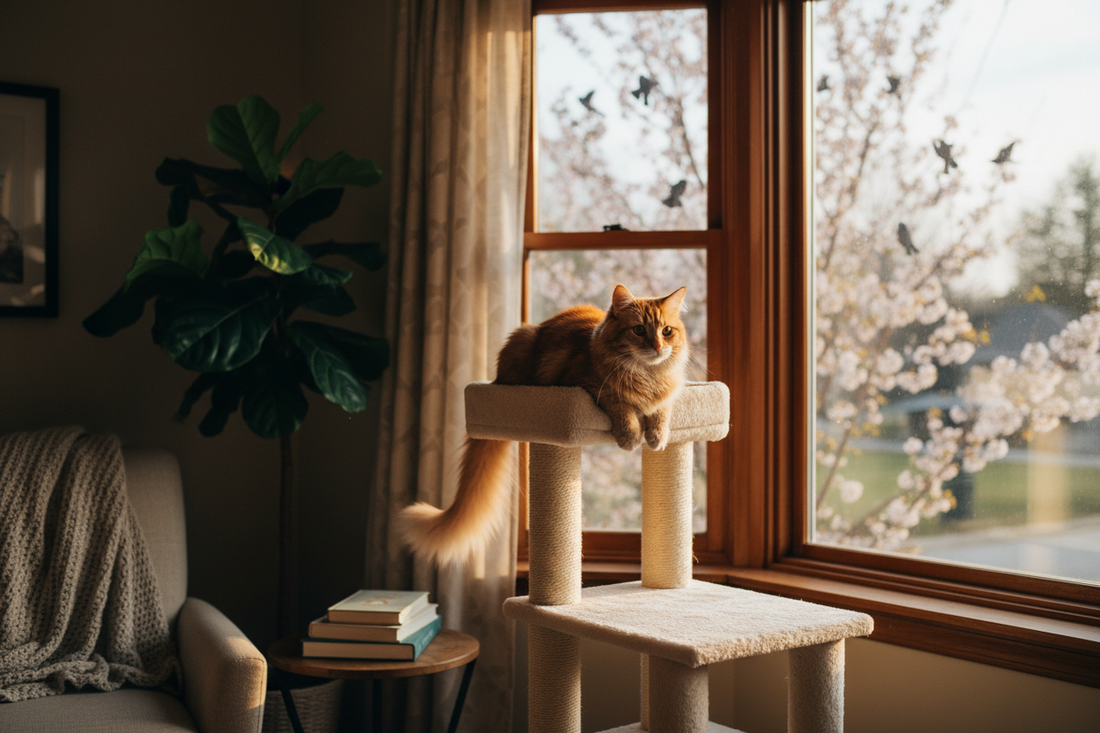 Chat sur arbre à chat près d'une fenêtre