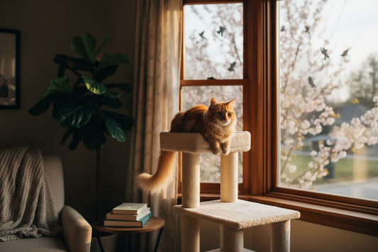 Chat sur arbre à chat près d'une fenêtre