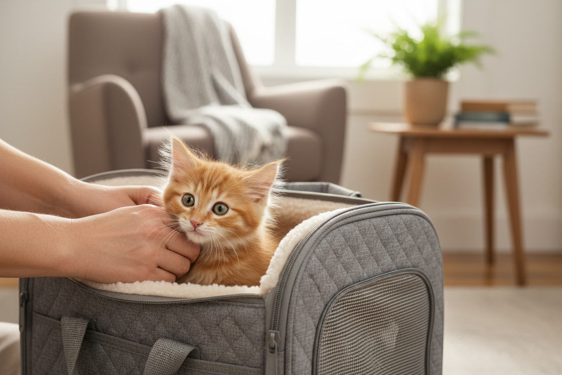 Chaton découvrant sa caisse de transport