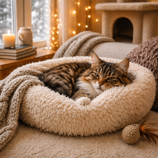 Chat détendu dans un coussin doux et confortable avec lumière chaleureuse, symbole du bien-être félin en intérieur