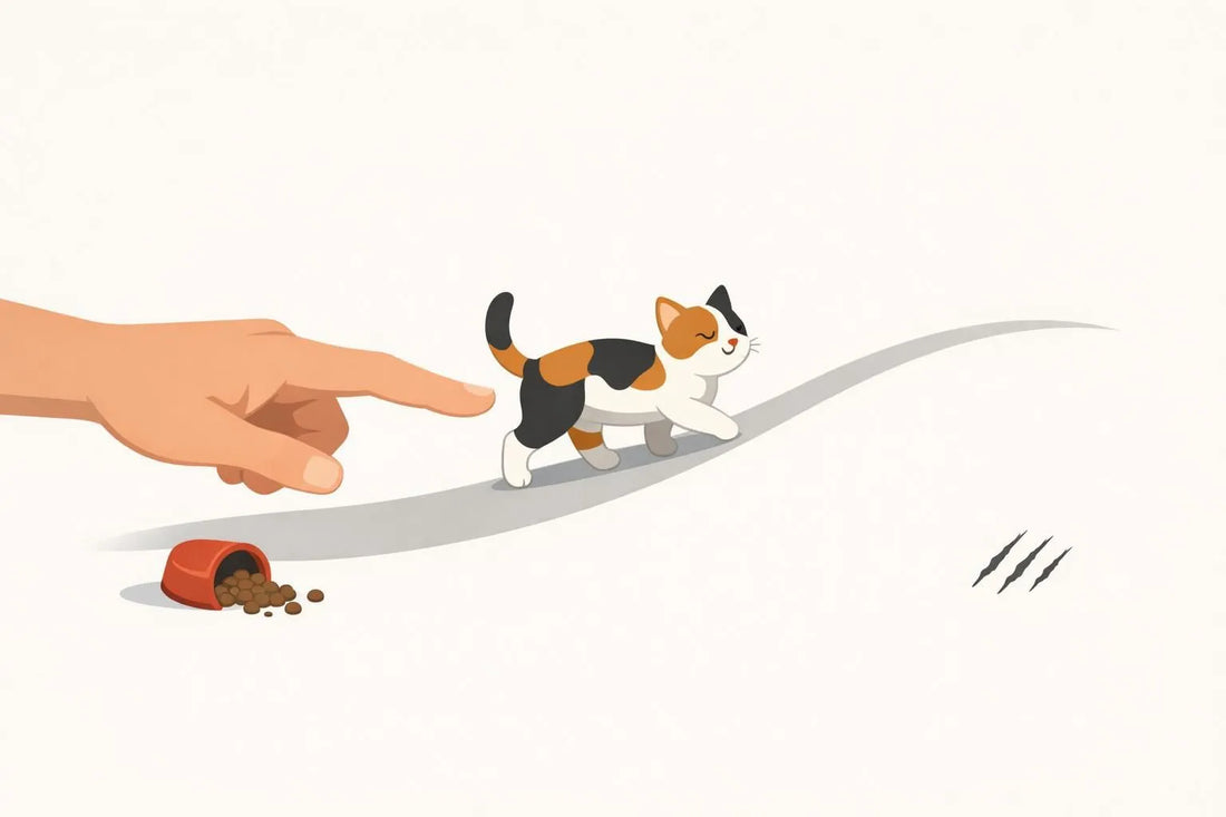 Main guide chat, évitant 12 erreurs d'adoption. Guide complet pour nouveaux propriétaires. Illustration minimaliste.