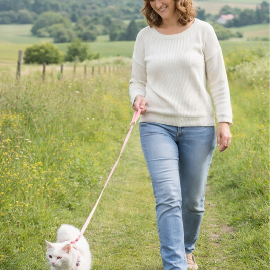 Femme promenant son chat en laisse FREE-WALK™