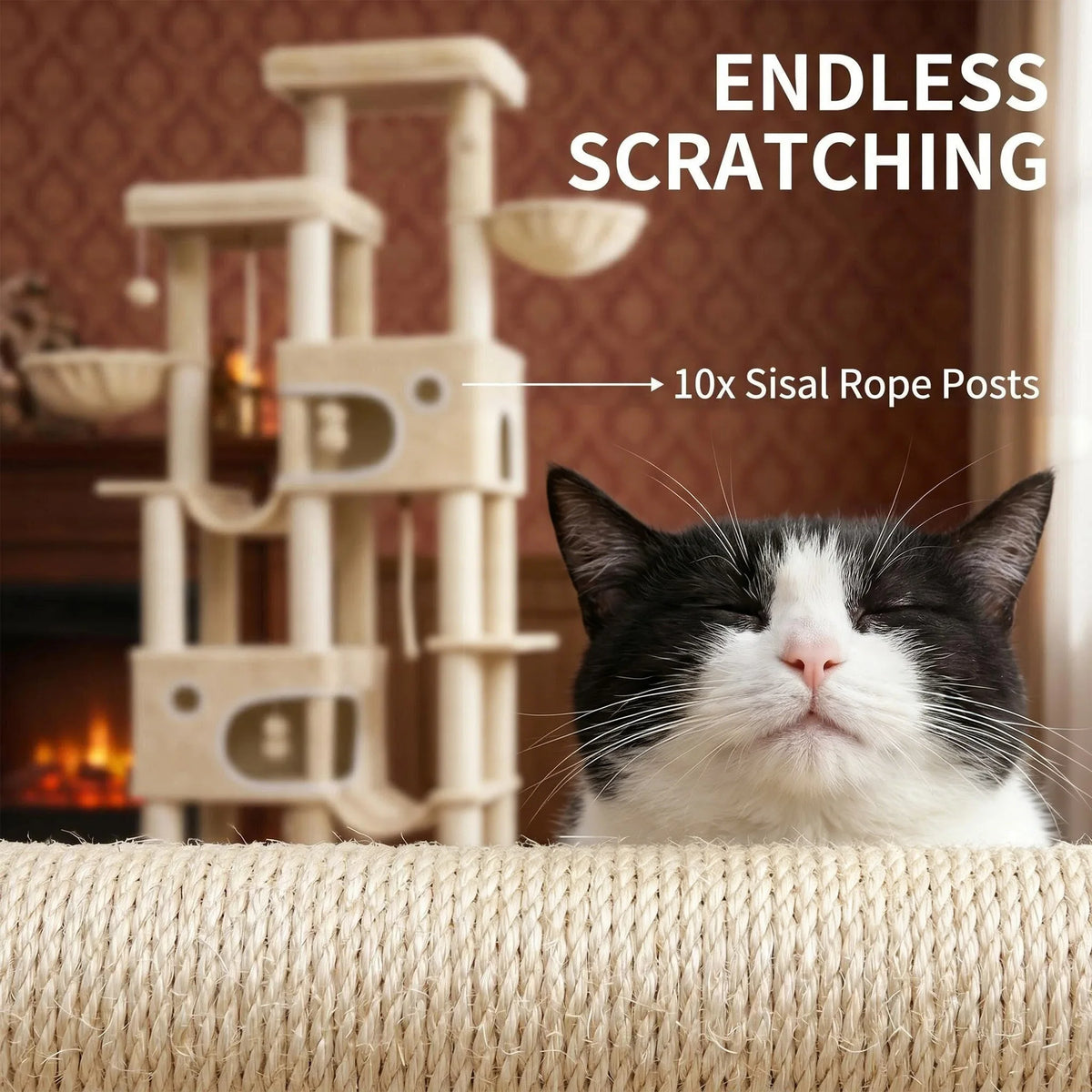 Hzuaneri Grande Arbre à Chat, Tour pour Chat d'Intérieur de 214 cm de Haut, pour Grands Chats Maine Coon, Base Extra Large, 2 Plateformes, 2 Spacieuses Niches, 10 Poteaux à Gratter en Sisal, 2 Hamacs