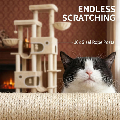Hzuaneri Grande Arbre à Chat, Tour pour Chat d'Intérieur de 214 cm de Haut, pour Grands Chats Maine Coon, Base Extra Large, 2 Plateformes, 2 Spacieuses Niches, 10 Poteaux à Gratter en Sisal, 2 Hamacs