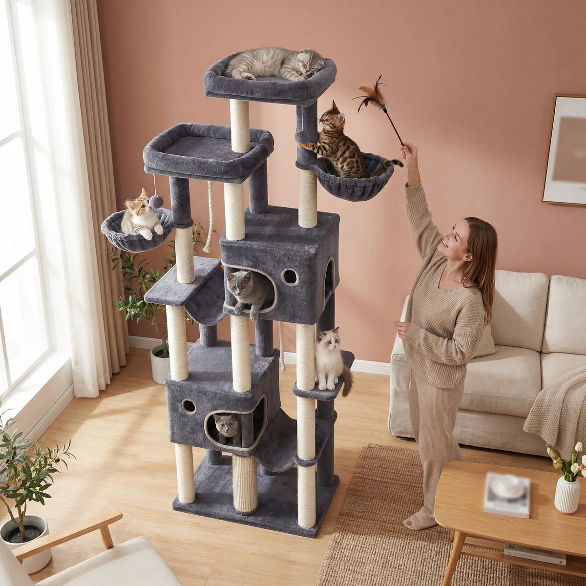 Hzuaneri Grande Arbre à Chat, Tour pour Chat d'Intérieur de 214 cm de Haut, pour Grands Chats Maine Coon, Base Extra Large, 2 Plateformes, 2 Spacieuses Niches, 10 Poteaux à Gratter en Sisal, 2 Hamacs