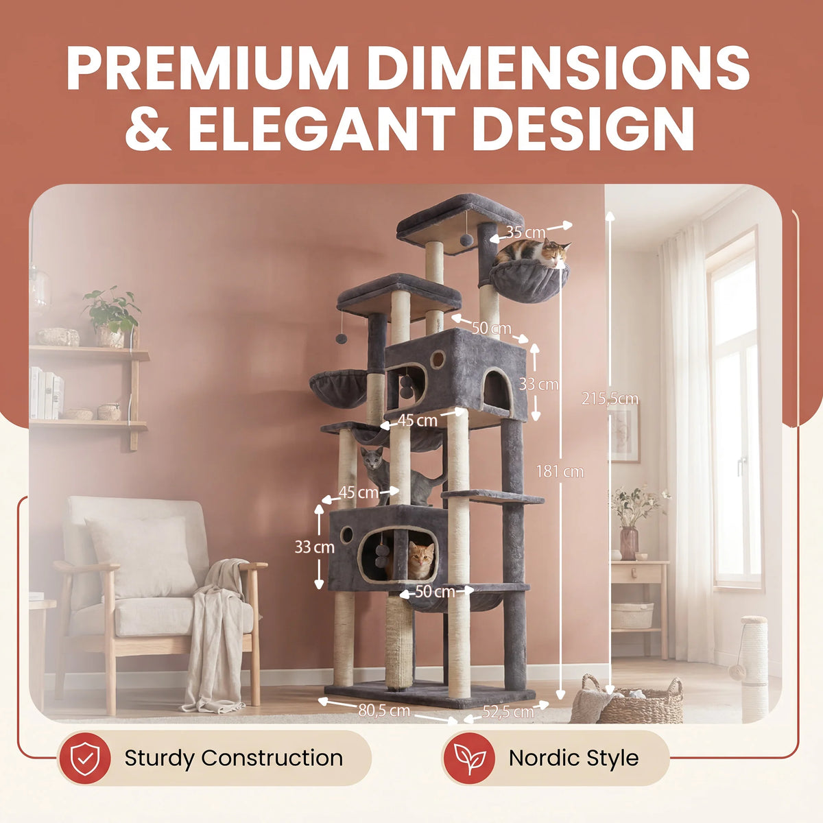 Hzuaneri Grande Arbre à Chat, Tour pour Chat d'Intérieur de 214 cm de Haut, pour Grands Chats Maine Coon, Base Extra Large, 2 Plateformes, 2 Spacieuses Niches, 10 Poteaux à Gratter en Sisal, 2 Hamacs