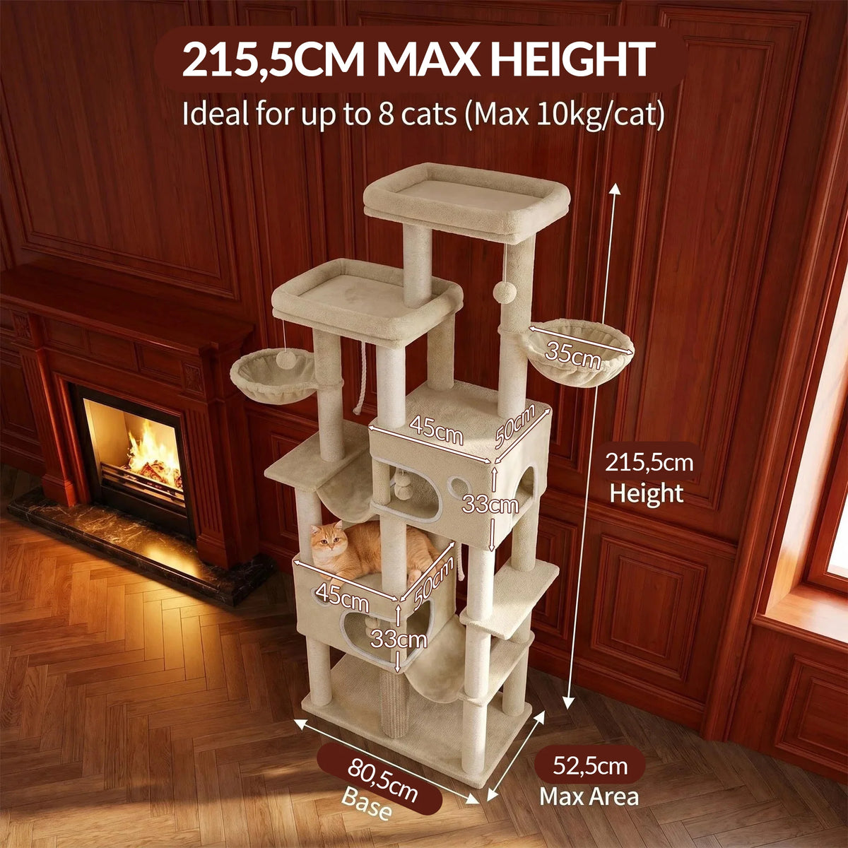 Hzuaneri Grande Arbre à Chat, Tour pour Chat d'Intérieur de 214 cm de Haut, pour Grands Chats Maine Coon, Base Extra Large, 2 Plateformes, 2 Spacieuses Niches, 10 Poteaux à Gratter en Sisal, 2 Hamacs