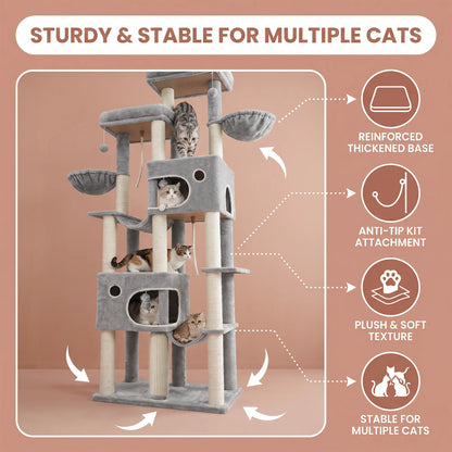 Hzuaneri Grande Arbre à Chat, Tour pour Chat d'Intérieur de 214 cm de Haut, pour Grands Chats Maine Coon, Base Extra Large, 2 Plateformes, 2 Spacieuses Niches, 10 Poteaux à Gratter en Sisal, 2 Hamacs