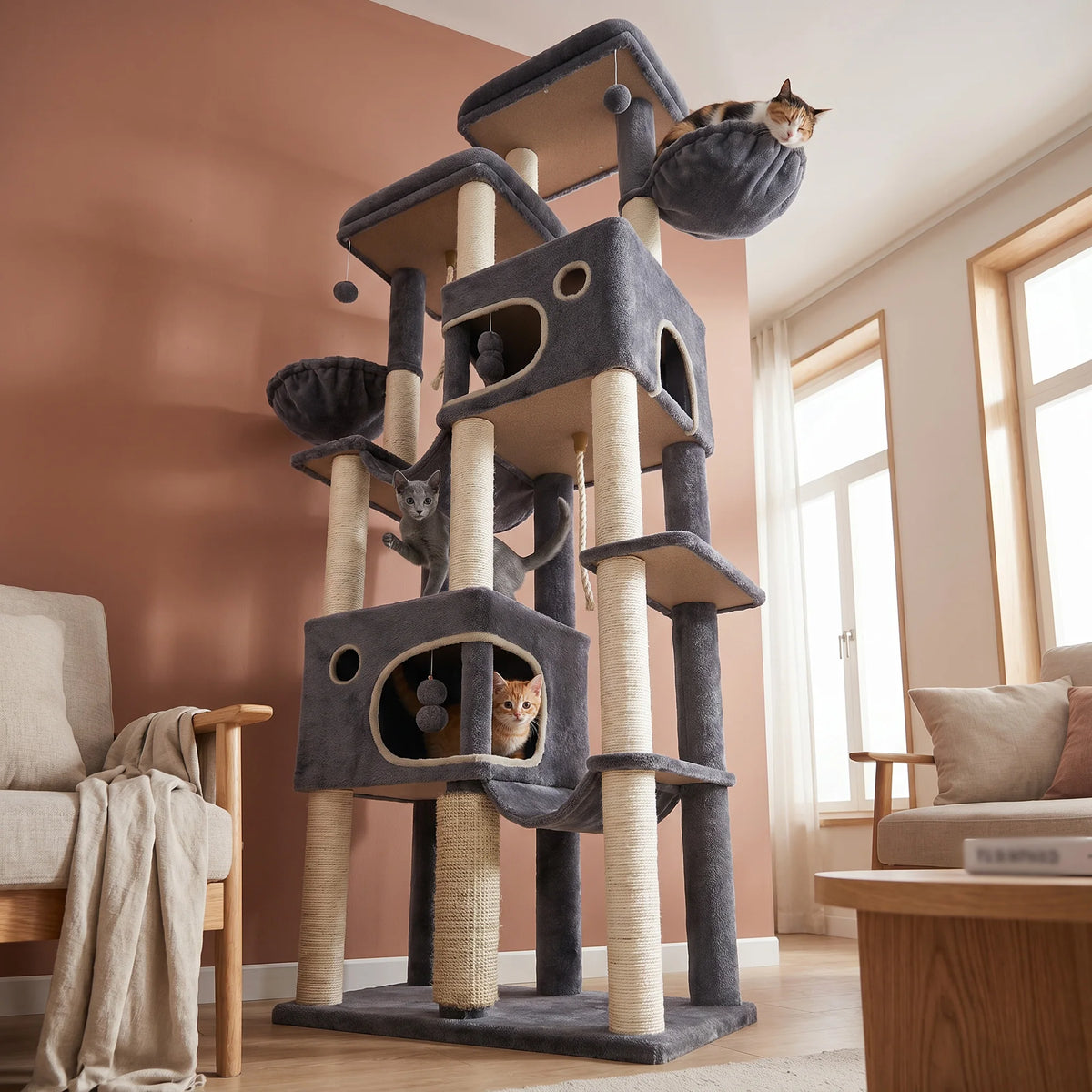 Hzuaneri Grande Arbre à Chat, Tour pour Chat d'Intérieur de 214 cm de Haut, pour Grands Chats Maine Coon, Base Extra Large, 2 Plateformes, 2 Spacieuses Niches, 10 Poteaux à Gratter en Sisal, 2 Hamacs