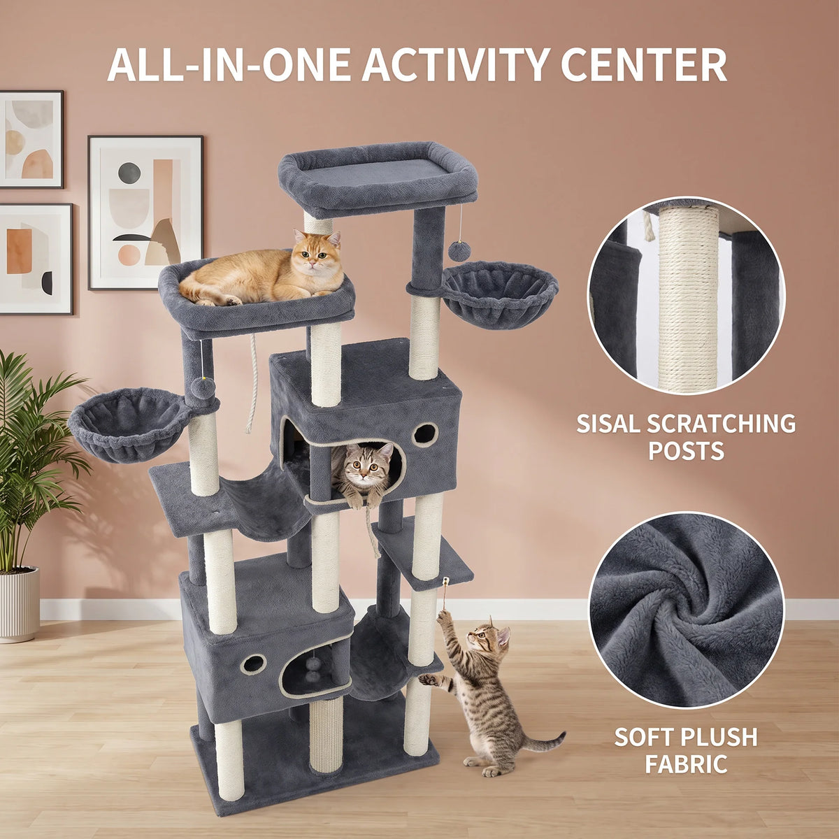 Hzuaneri Grande Arbre à Chat, Tour pour Chat d'Intérieur de 214 cm de Haut, pour Grands Chats Maine Coon, Base Extra Large, 2 Plateformes, 2 Spacieuses Niches, 10 Poteaux à Gratter en Sisal, 2 Hamacs