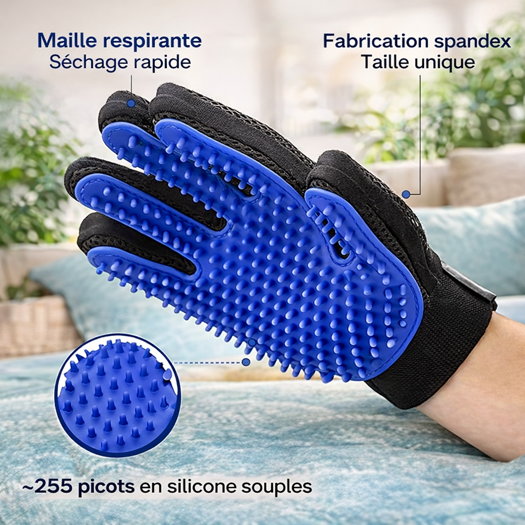 Gant de toilettage pour chat en silicone – Anti poils et massant.
