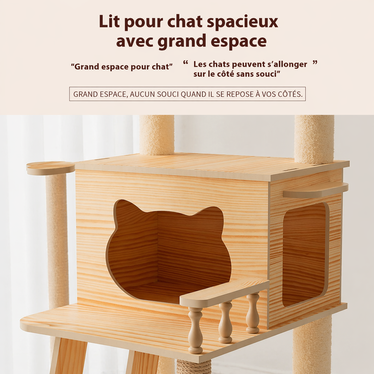 niche spacieux intégré dans l'arre à chat CAT-WOOD