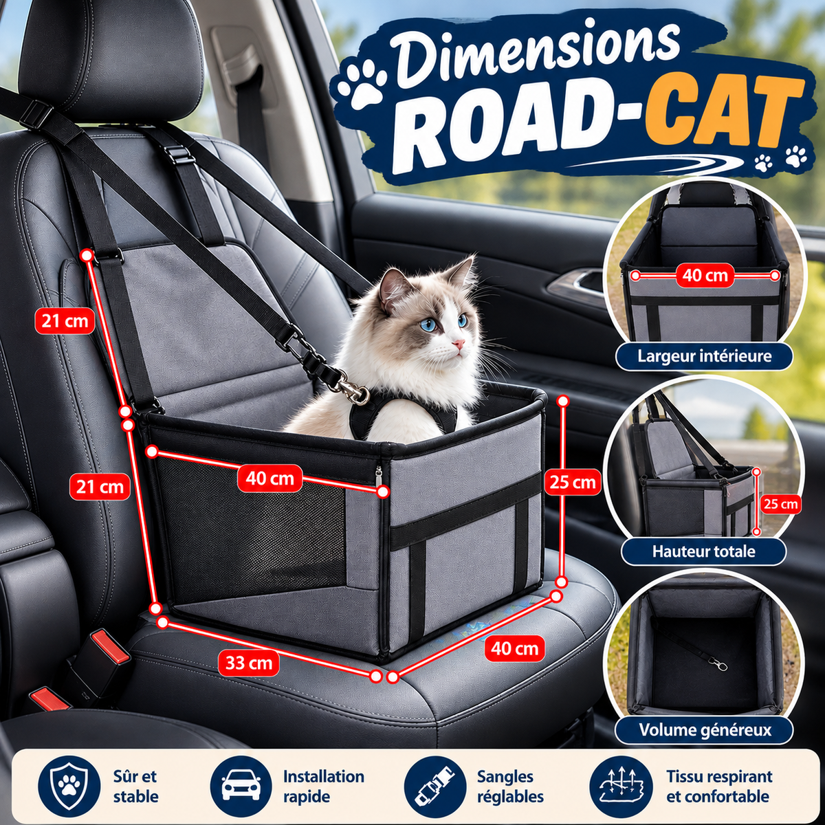 Votre chat voyage enfin en sécurité. ROAD-CAT™ — le siège rehausseur voiture pour chat.