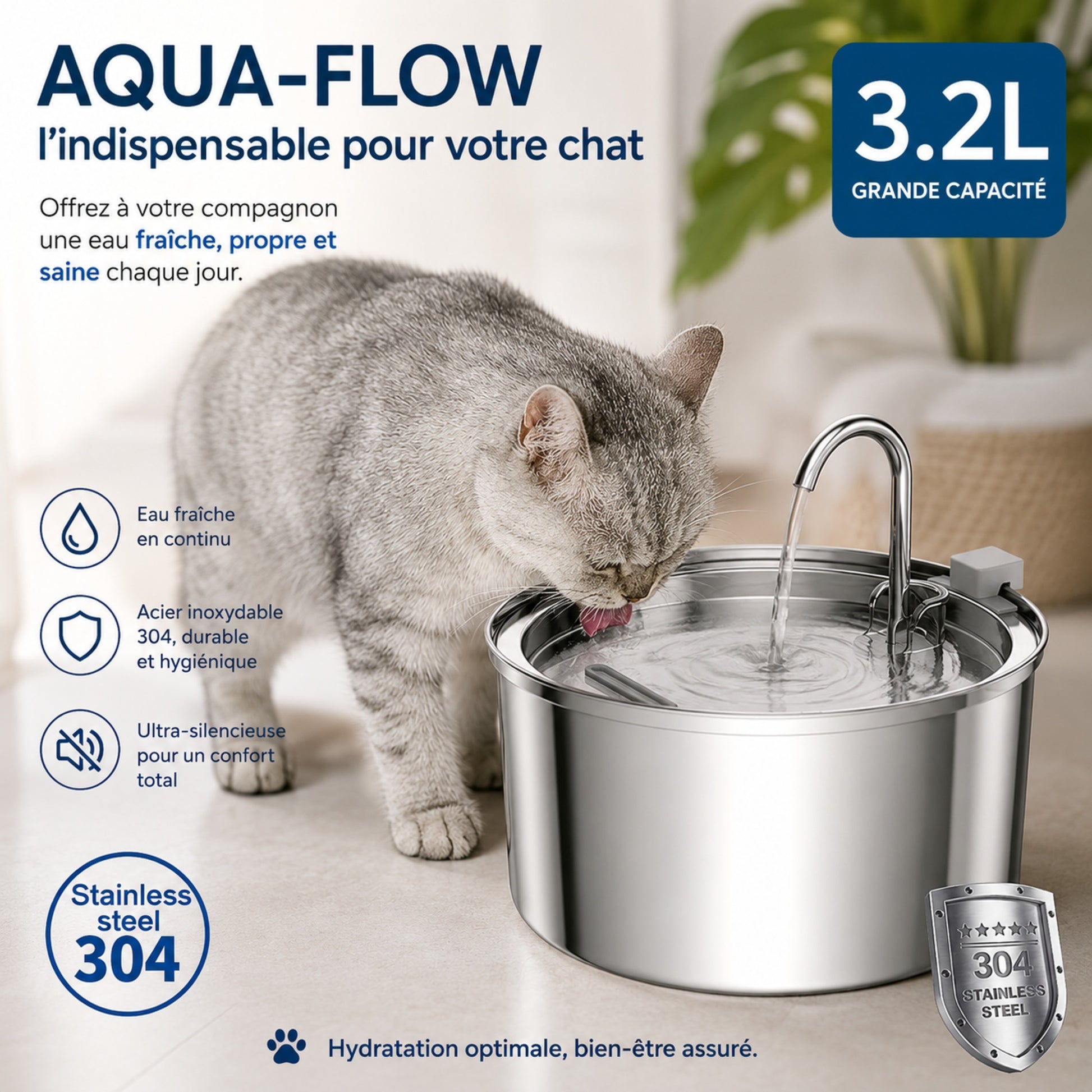 Chat gris buvant dans la fontaine AQUA-FLOW inox 304 — 3,2L grande capacité, ultra-silencieuse
