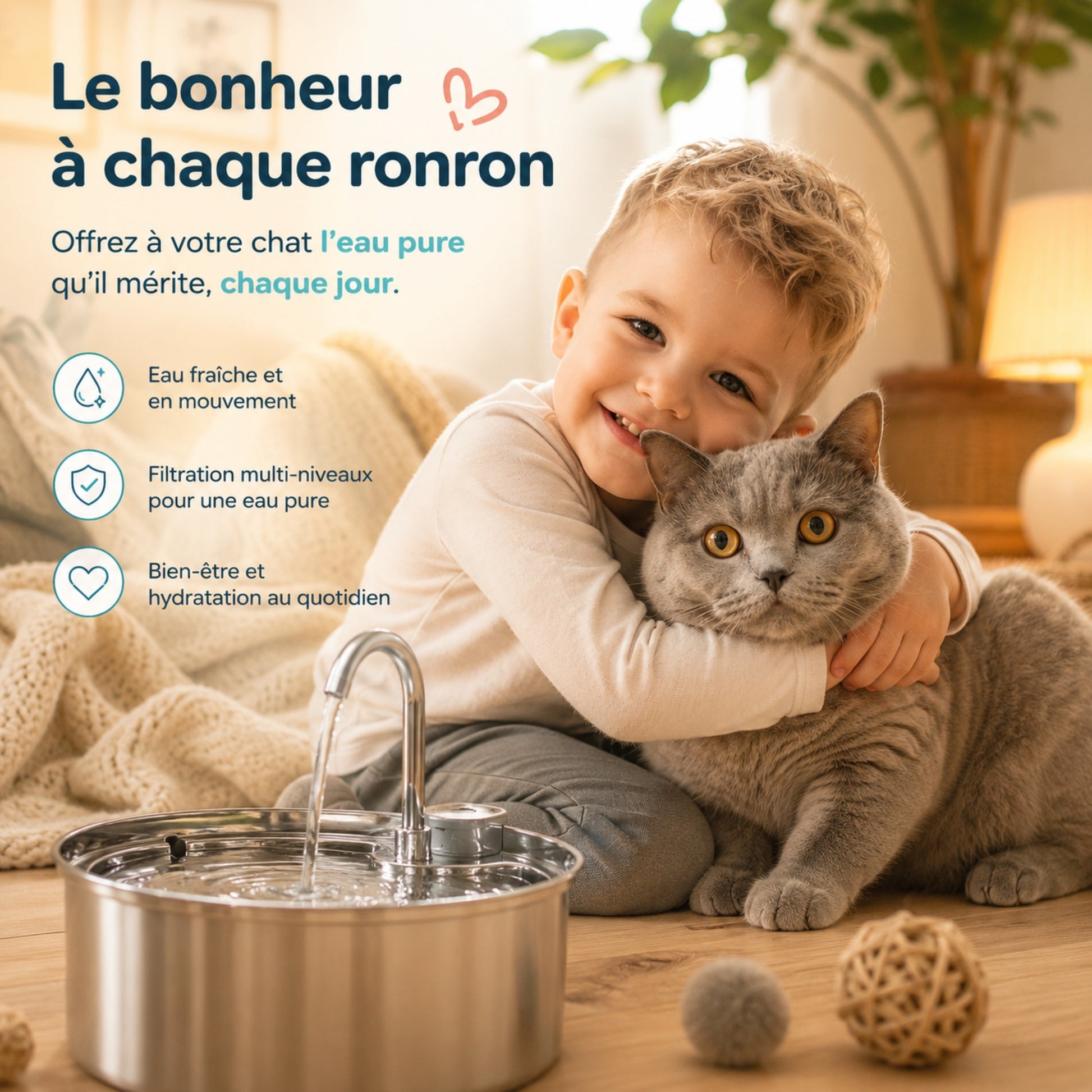 Enfant avec son chat gris devant la fontaine AQUA-FLOW en inox