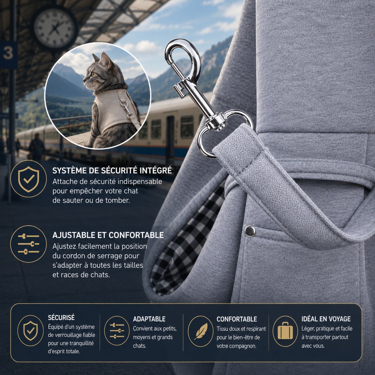 CÂLIN'GO™ - Détail sécurité : bouton-pression anti-fugue et doublure vichy lavable