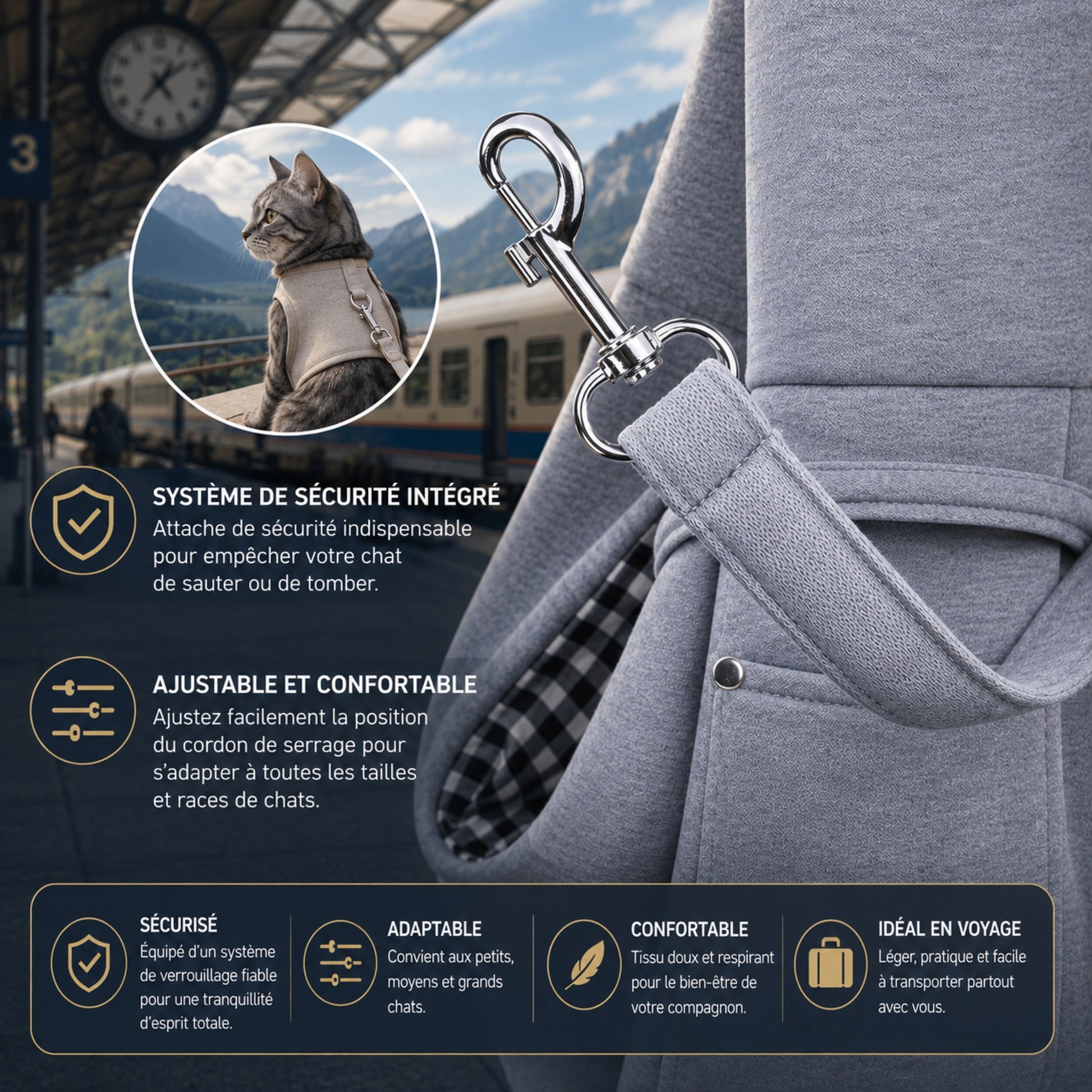 CÂLIN'GO™ - Détail sécurité : bouton-pression anti-fugue et doublure vichy lavable