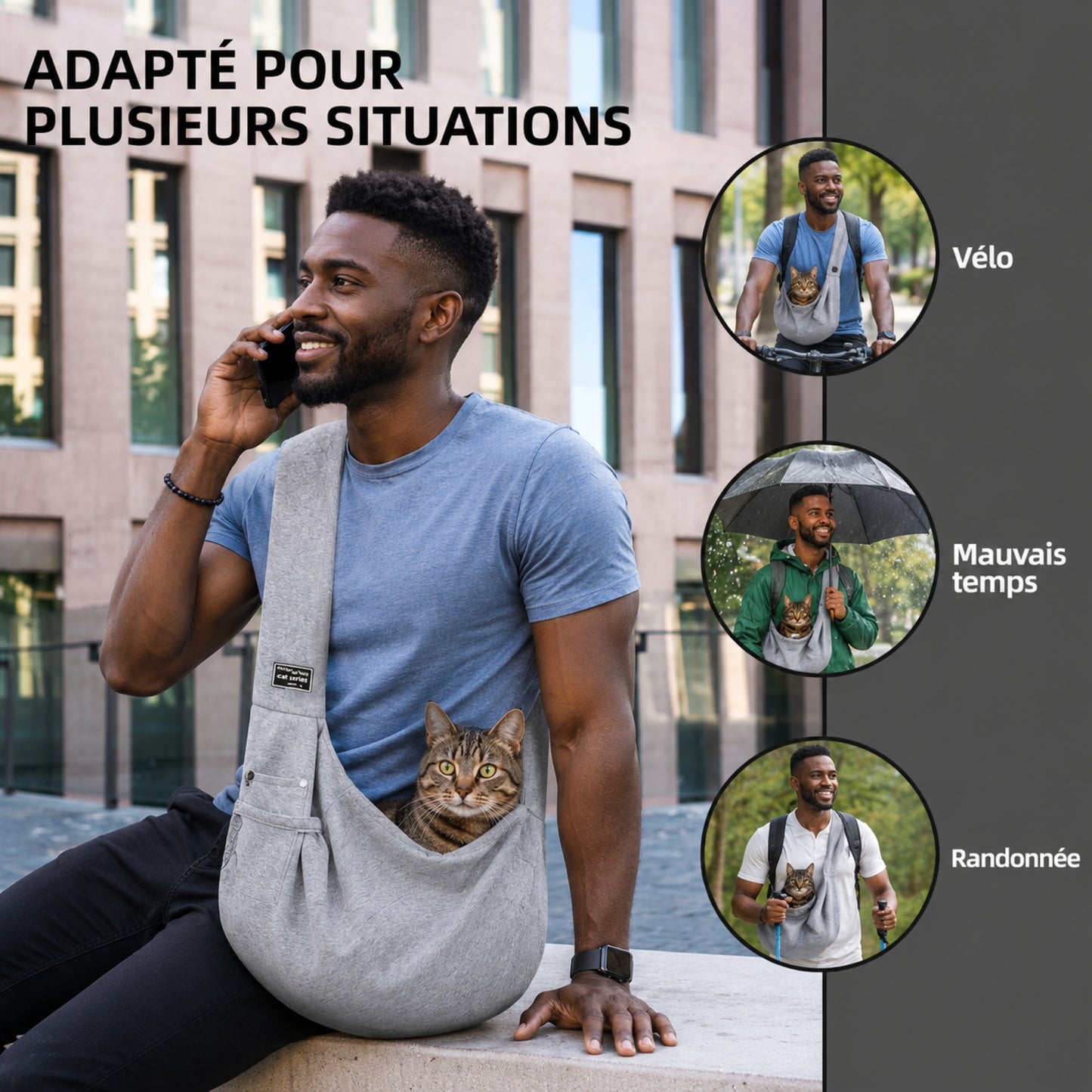CÂLIN'GO™ - Homme portant son chat en balade dans le sac bandoulière, mains libres