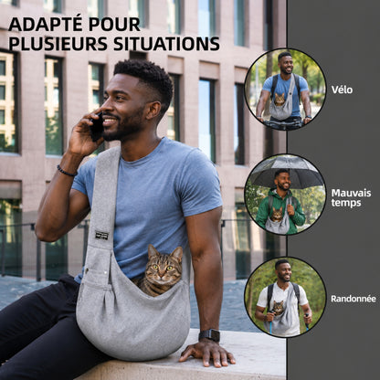 CÂLIN'GO™ - Homme portant son chat en balade dans le sac bandoulière, mains libres