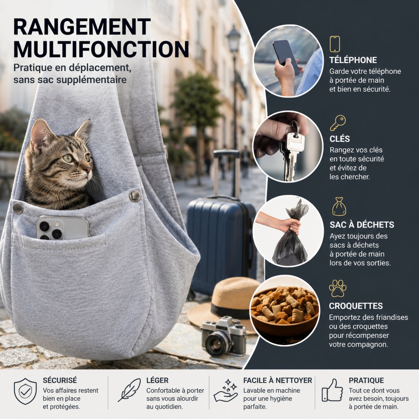 CÂLIN'GO™ - Poche extérieure multifonction pour ranger téléphone, clés et friandises