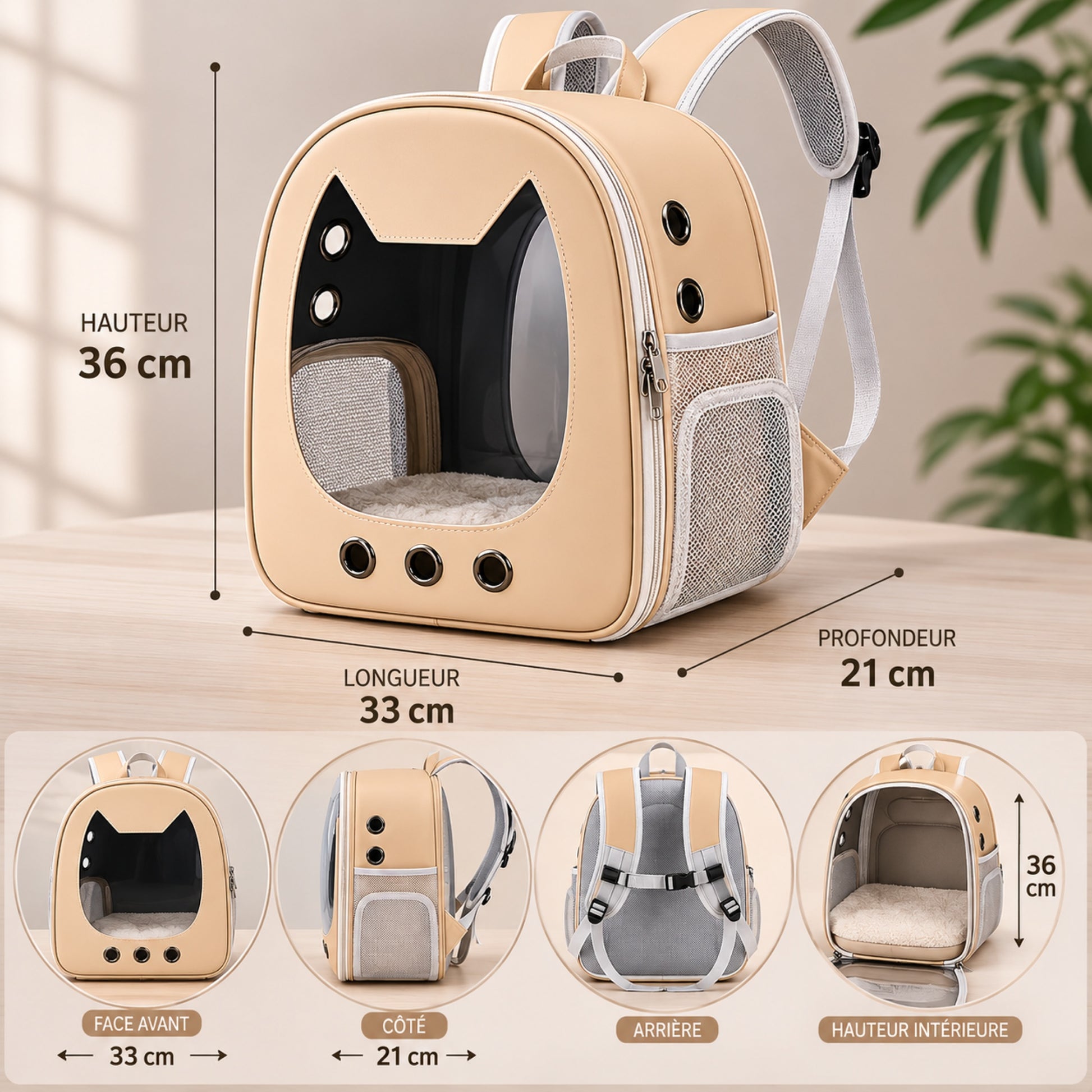 Dimensions du sac bulle transport chat : 36 x 33 x 21 cm, 3 coloris disponibles