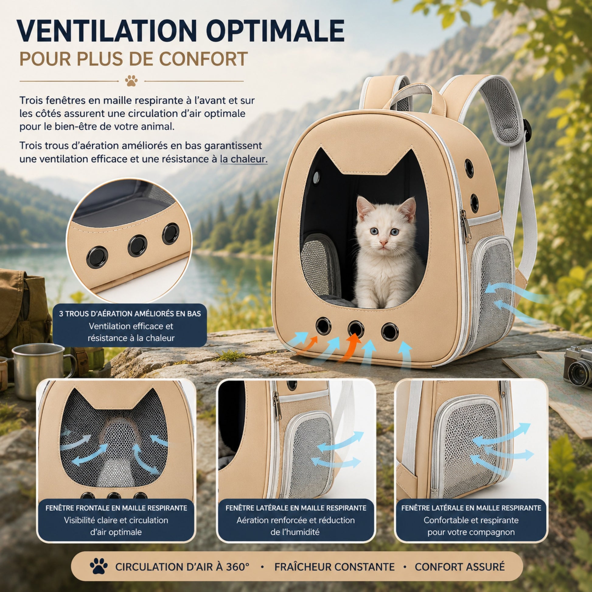 Ventilation optimale grâce aux grilles latérales du sac bulle pour chat