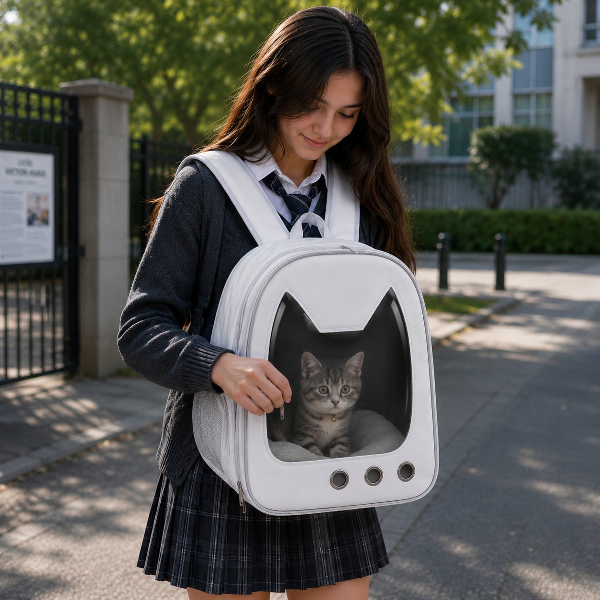 fille-promenade-urbaine .Jeune femme en promenade urbaine avec son chat dans le sac transparent