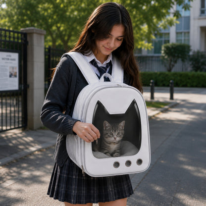 fille-promenade-urbaine .Jeune femme en promenade urbaine avec son chat dans le sac transparent
