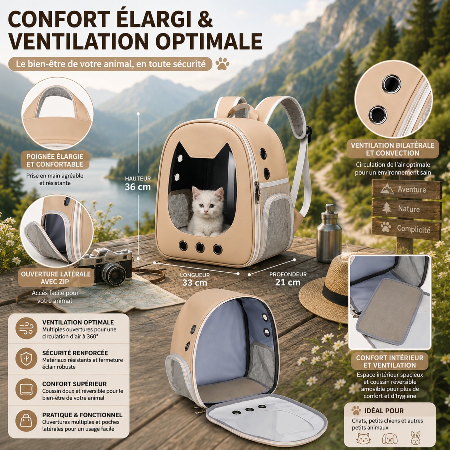 Espace intérieur large et ventilation optimale pour le confort du chat