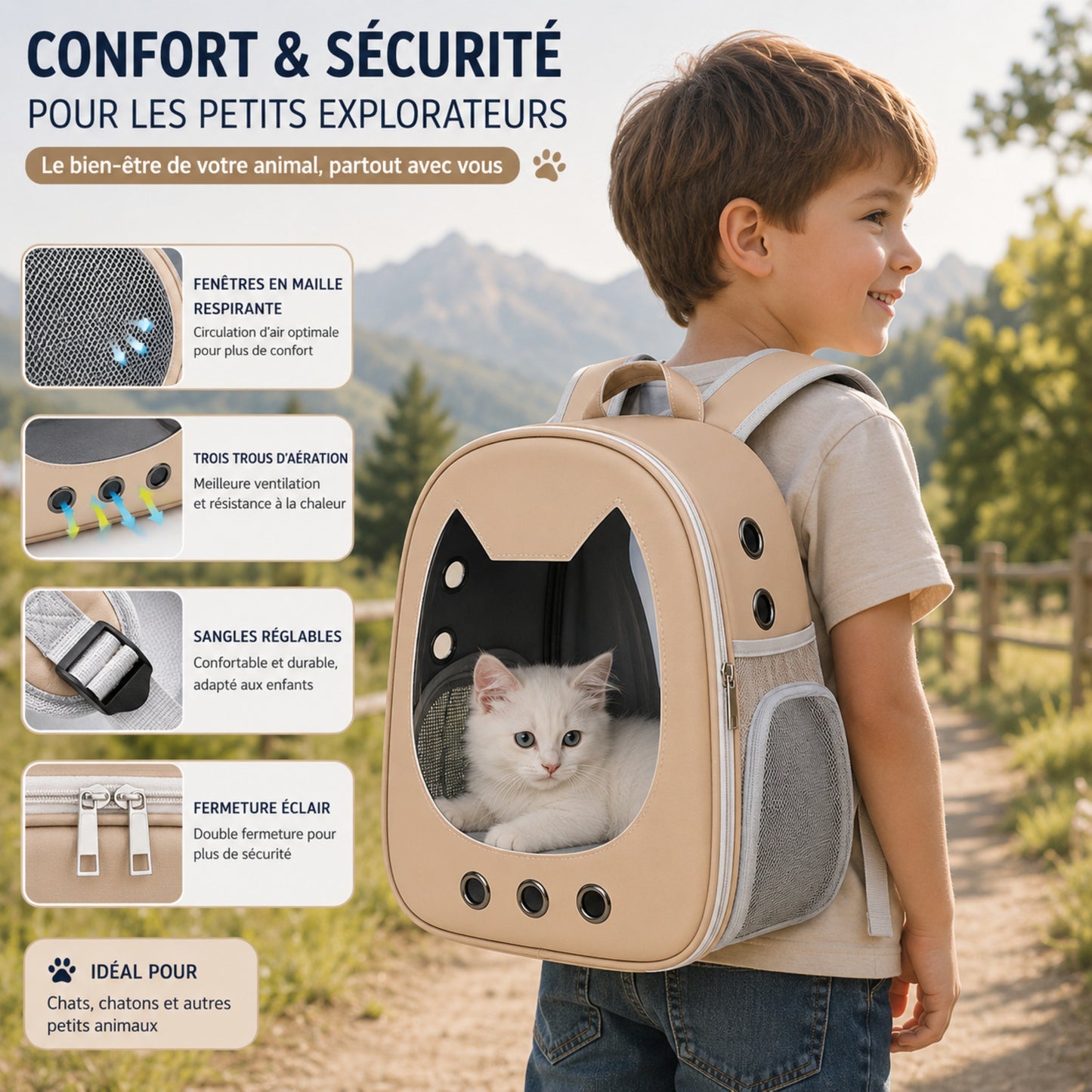 Détails confort et sécurité du sac de transport pour chat