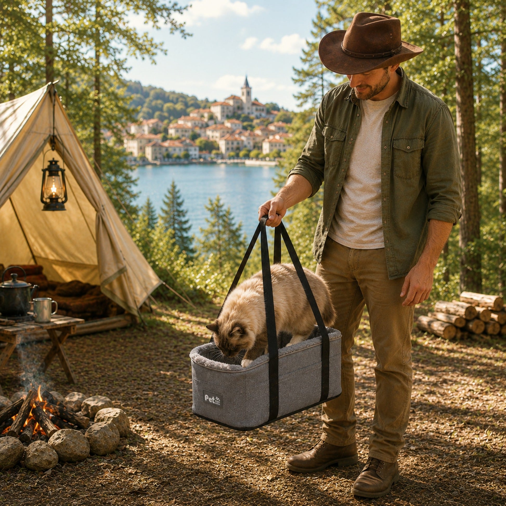 CARRY-ME™ utilisé en camping et aventure nature avec son chat