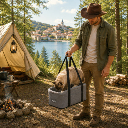 CARRY-ME™ utilisé en camping et aventure nature avec son chat