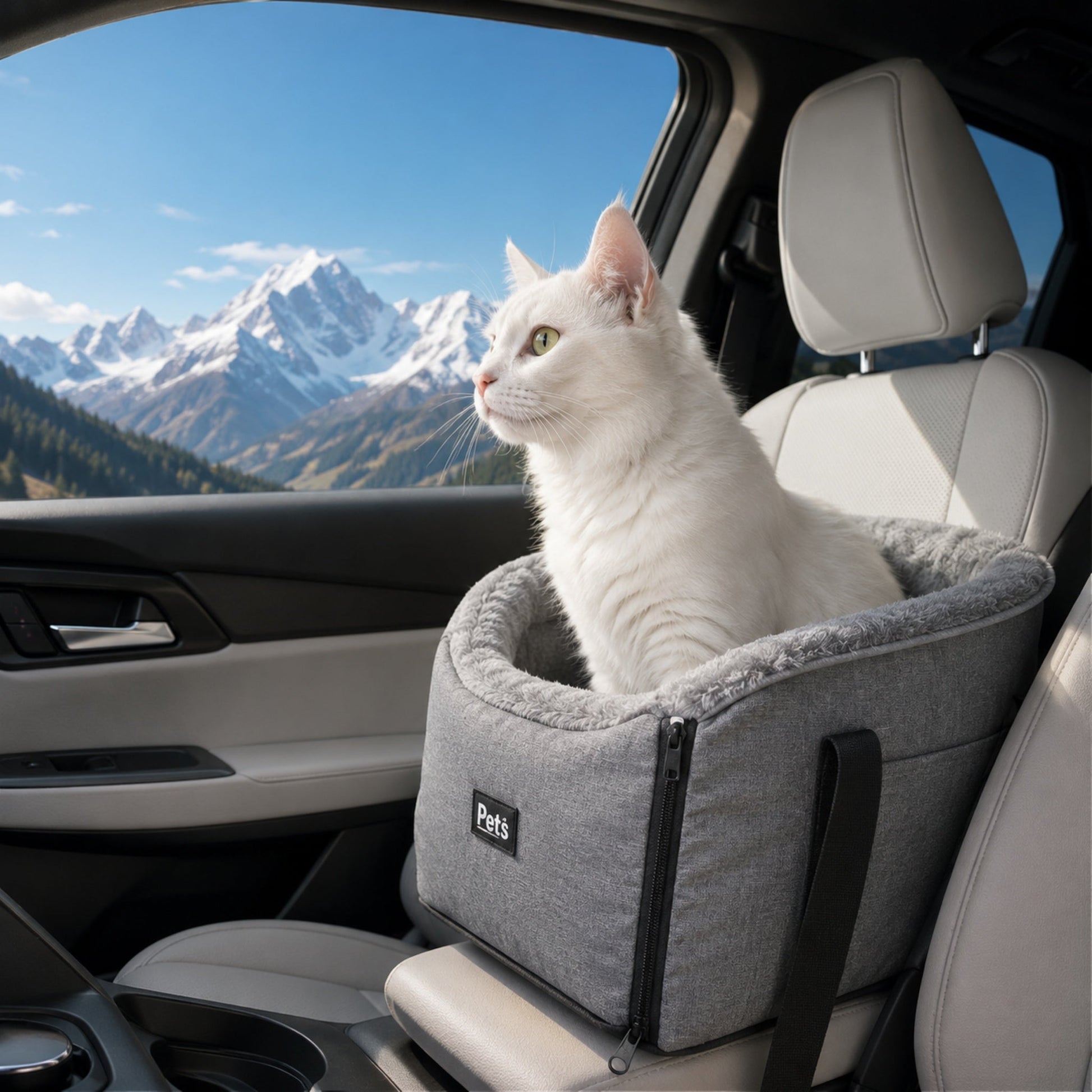 Chat blanc dans son CARRY-ME™ en siège voiture face aux montagnes
