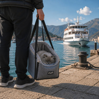 CARRY-ME™ porté à la main avec chat gris en ville