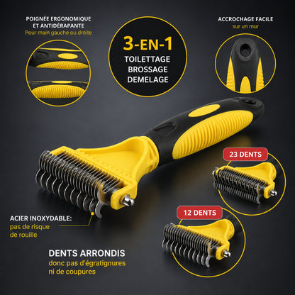 Présentation 3 en 1 de la brosse CATBRUSH en jaune, vert et mauve