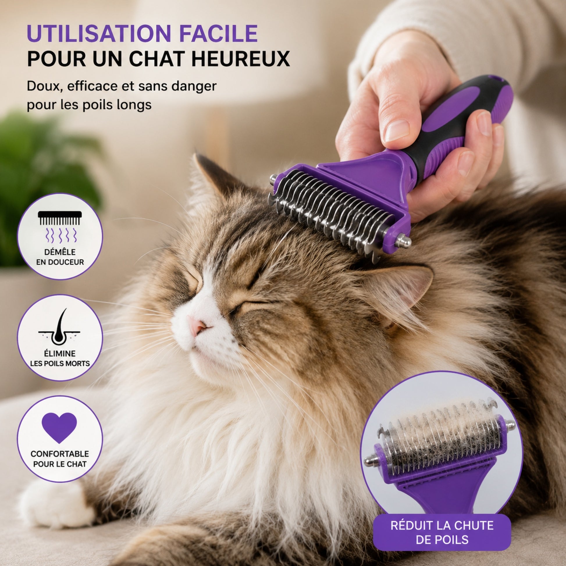Chat à poils longs brossé avec CATBRUSH — 3 coloris disponibles