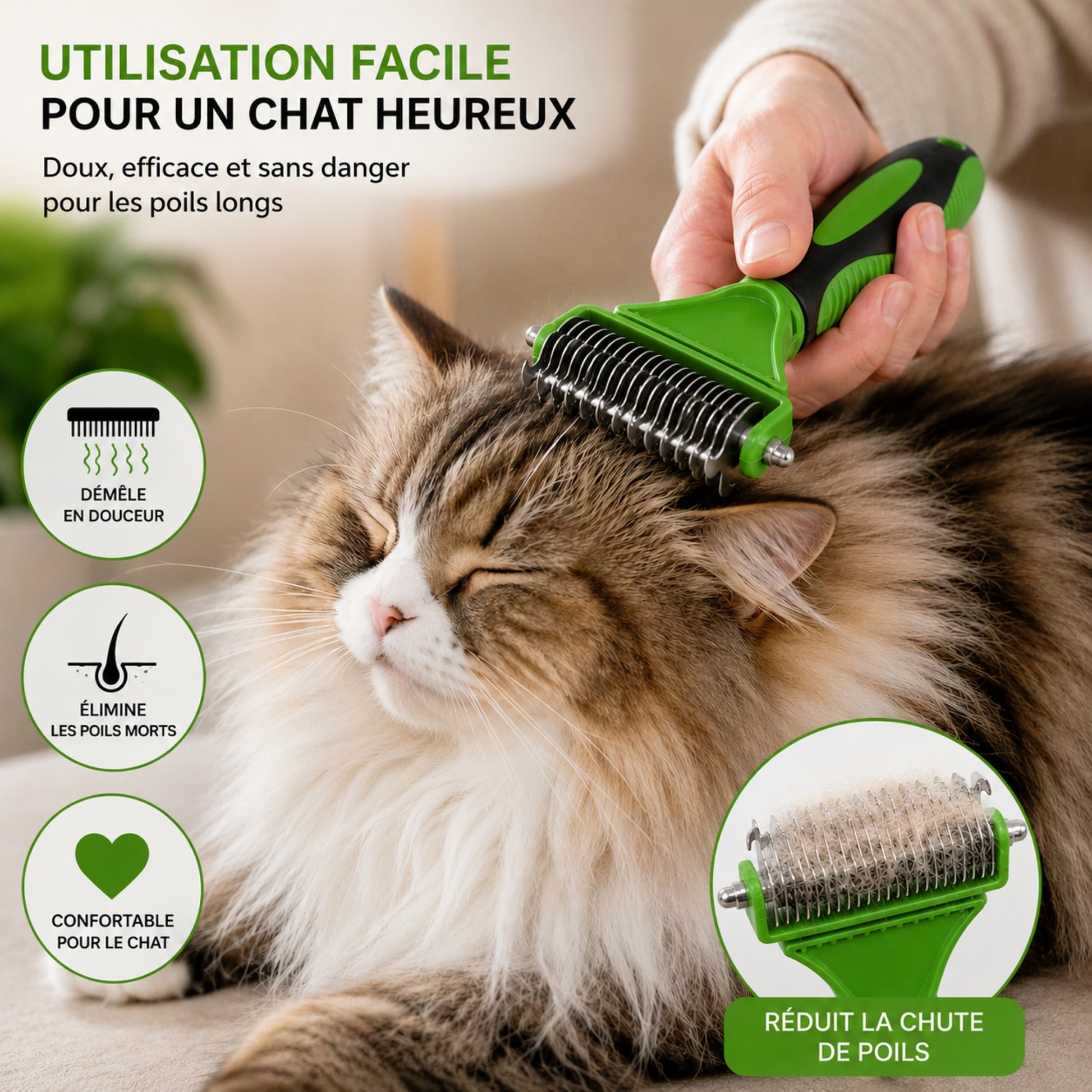 Chat à poils longs brossé avec CATBRUSH  vert— toilettage pour un chat heureux
