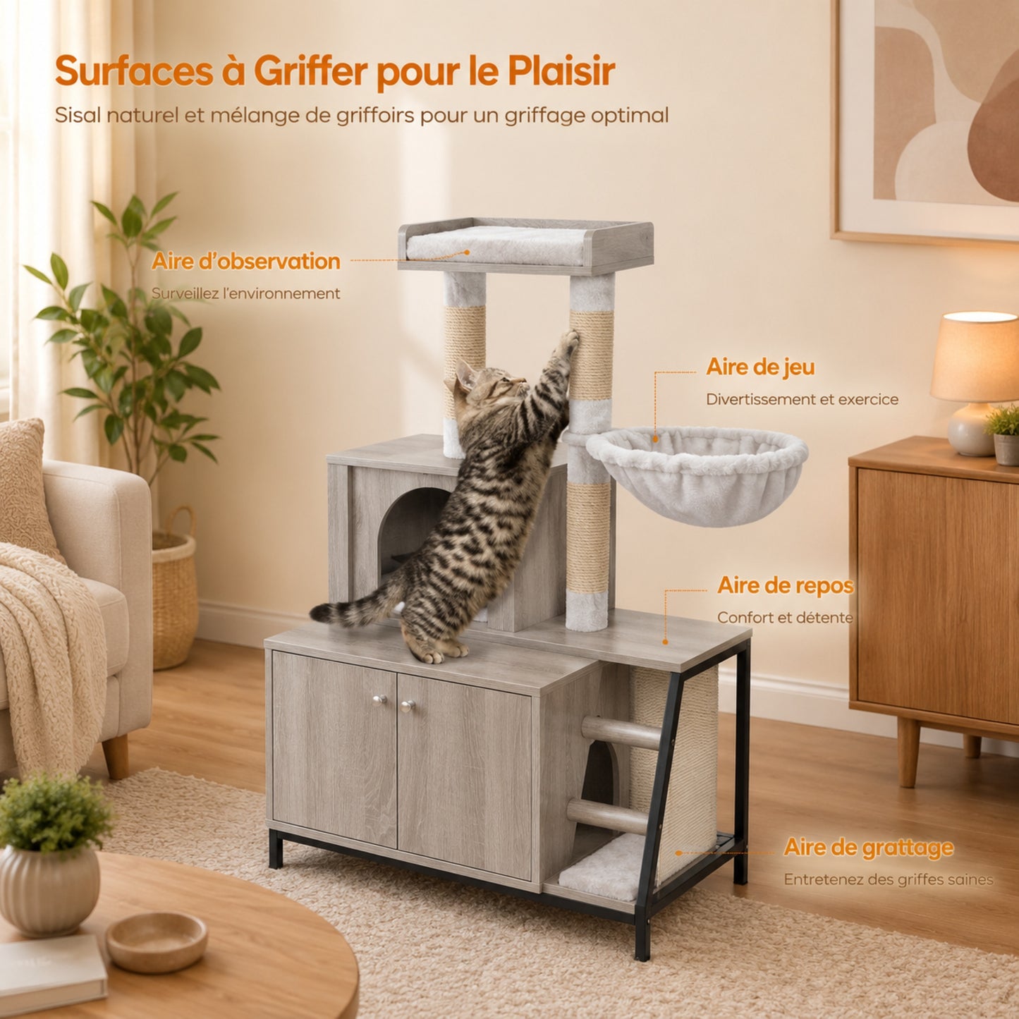 Meuble CATZENHOME™ blanc avec arbre à chat et cache-litière dans un salon lumineux