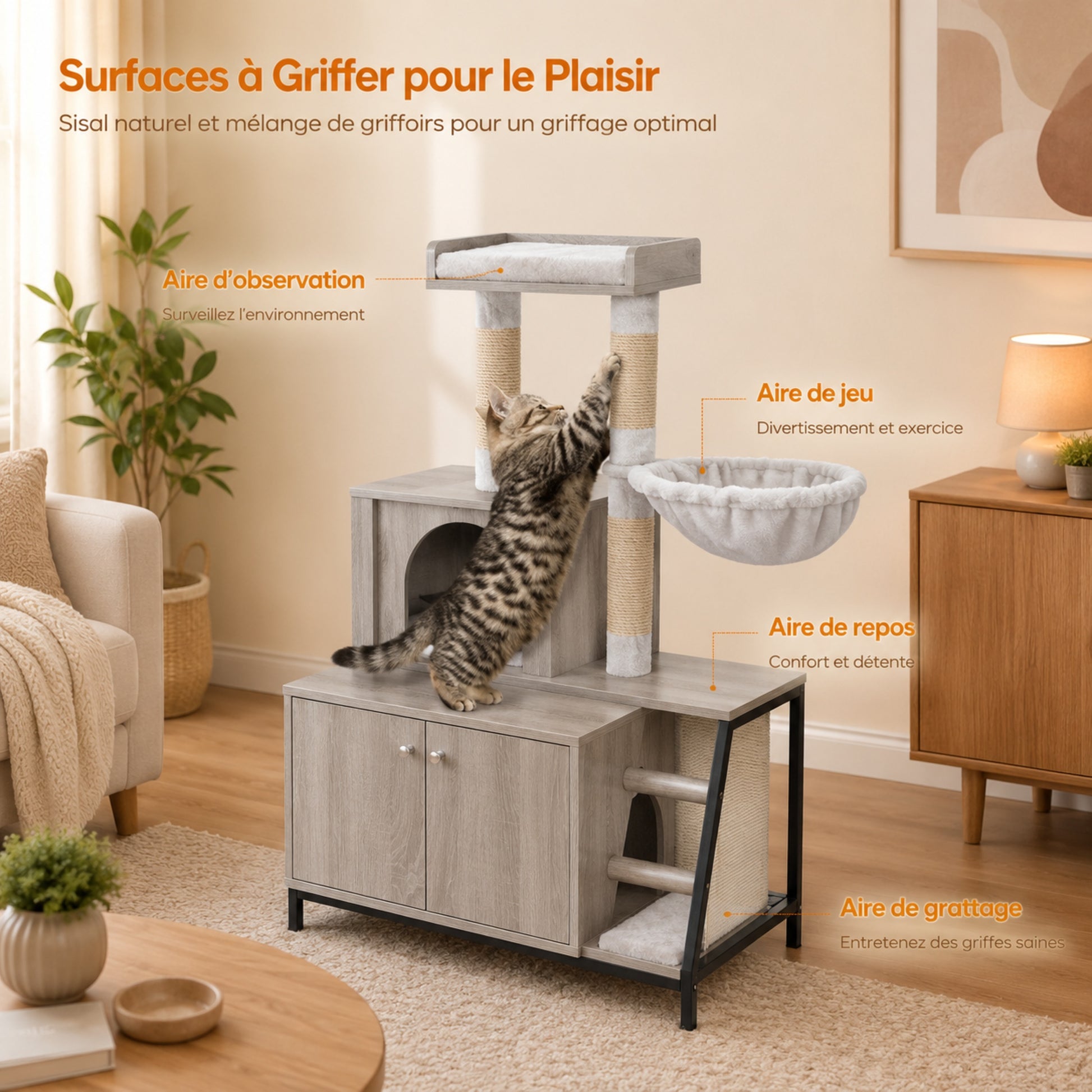 Meuble CATZENHOME™ blanc avec arbre à chat et cache-litière dans un salon lumineux