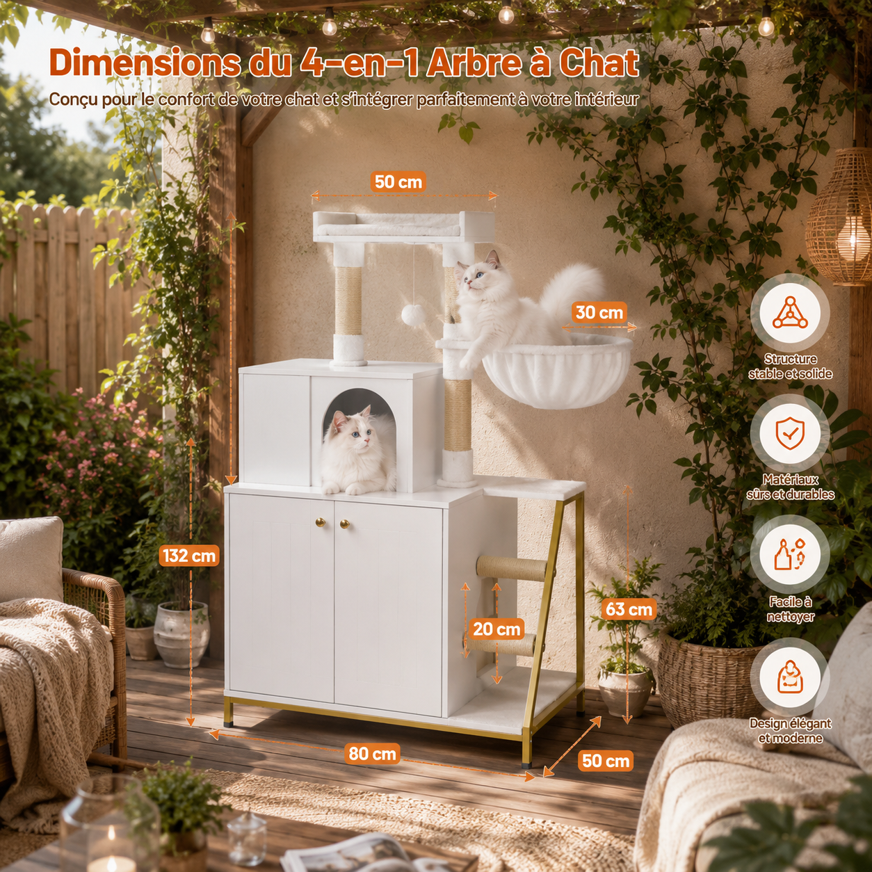 Meuble CATZENHOME™ 4 en 1 gris avec arbre à chat intégré dans un salon moderne