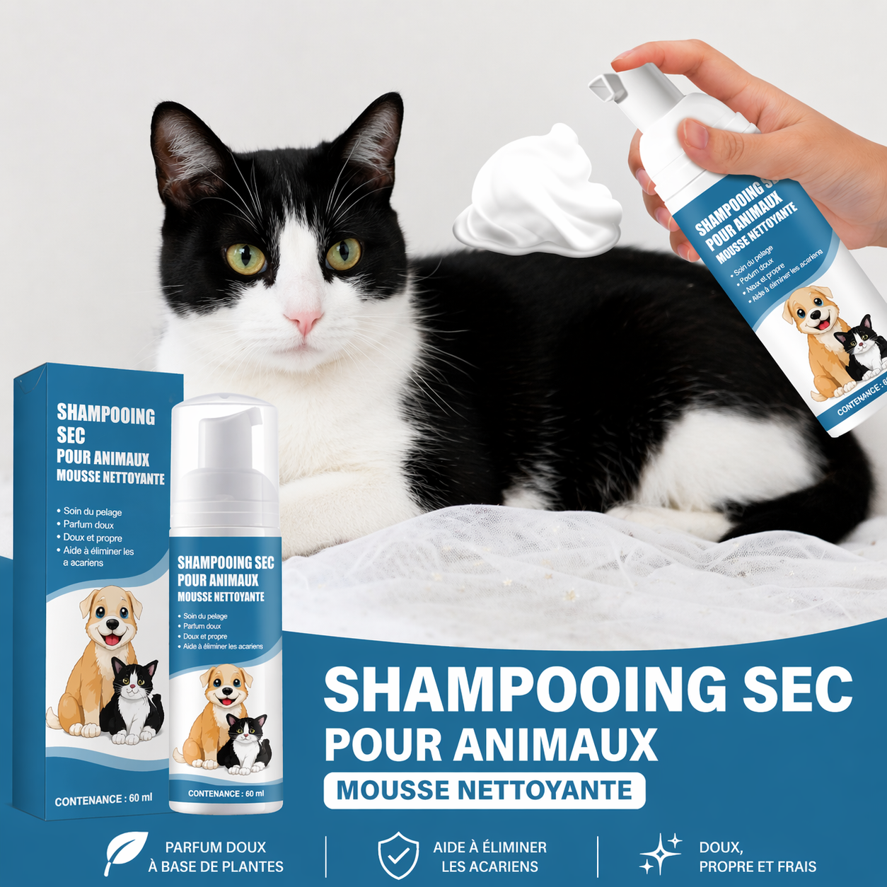 chat avec mousse de lavage sur lui