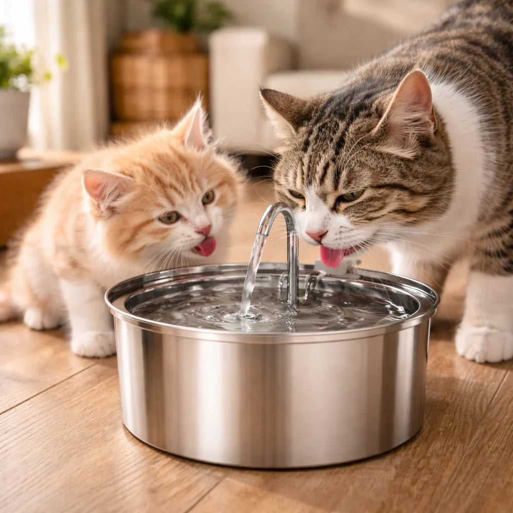 chat et son chaton buvant l'eau de la fontaine