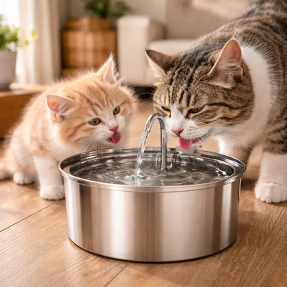 chat et son chaton buvant l'eau de la fontaine
