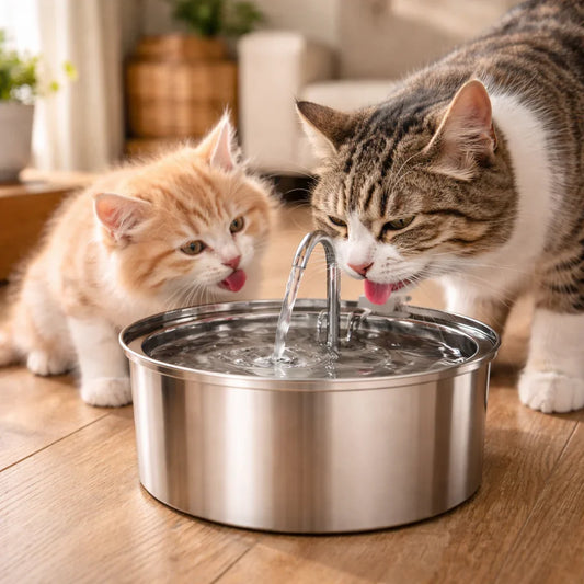 chat et son chaton buvant l'eau de la fontaine
