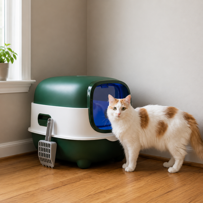 chat devant sa litière fermée